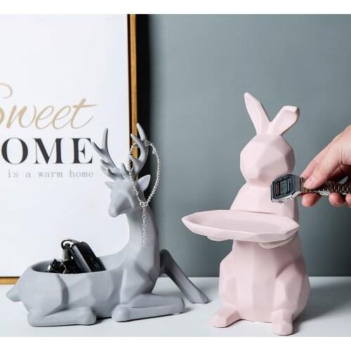 Nordic Ceramic Animal Storage Deer Rabbit Living Room Home Decoration Countertop Decor Geometric Sundries Storage Basket Gift
