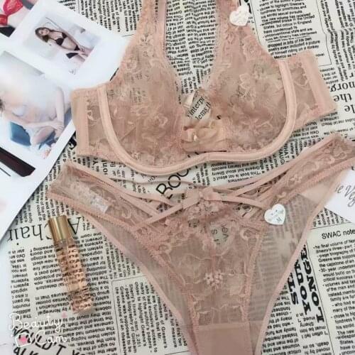 Sexy ultra-thin strap underwear female temptation no sponge lingerie panties see-through hollow bra set plus size bralette