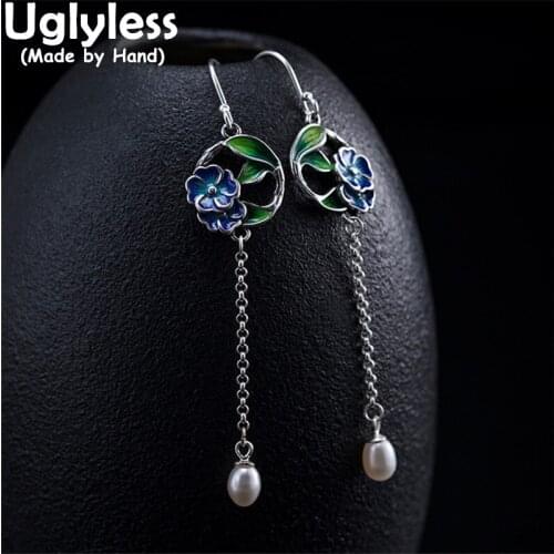Uglyless Vintage Enamel Flowers Earrings for Women Ethnic Thai Silver Jewelry Natural Pearls Long Tassels Earrings 925 Silver