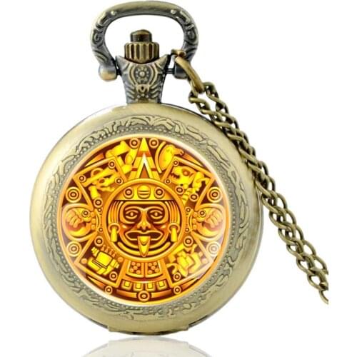 Vintage Mayan Civilization Symbol Quartz Pocket Watch Men Women Charm Pendant Necklace Hours Clock Gifts