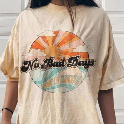 Kuakuayu HJN No Bad Days Printing Summer T Shirt Women Casual White Tops Sea Wave Fashion T-shirt Short Sleeve Graphic Tee