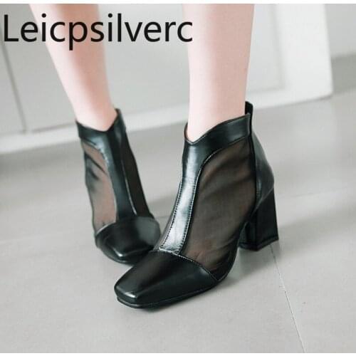 Womens Boots Spring and autumn new style Mesh Square head zipper Thick heel High heel Short tube Womens shoes plus size 32-45
