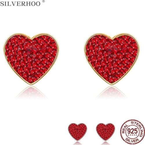 SILVERHOO Little Red Heart-Shape Stud Earrings For Women 925 Sterling Silver Luxury Austria Crystal Earrings Girl Birthday Gift