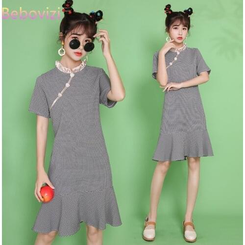 Plus Size S-4XL Summer Short Sleeve Black White Check Qipao for Women Chinese Modern Cheongsam Dress Party Traditional Clothes