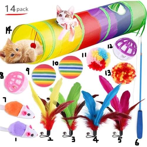 14 Pcs Cat Interactive Toy Stick Feather Pet Teaser Rod Feather Tunnel Fishing Rod Toy Set Artificial Colorful Cat Teaser