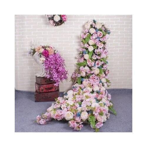 210cm long Pink with grass green roses flower table runner Wedding Artifical Silk Flower Backdrop Wedding Decoration