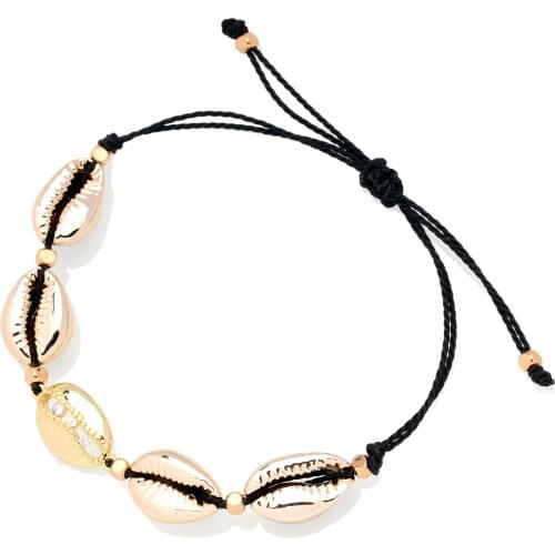 Cowrie Seashell Waxed String Sparkling CZ Crystal Adjustable Bracelet Women Men Copper Zircon Shells Charm Black Thread jewelry