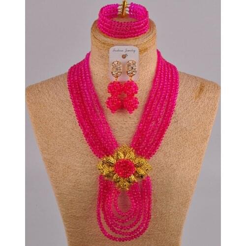 Fuchsia pink costume african jewelry set crystal nigerian wedding beads 6CDBS