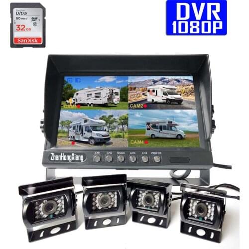 4 x FHD 1080P IR 4Pin Front Side Rear View Reverse Backup Camera Kit + 9" IPS Quad Split Car DVR Monitor System For RV Bus Truck