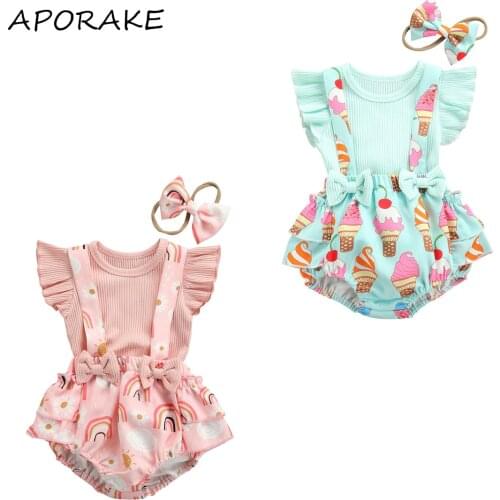 2021 0-18M Sweet Infant Baby Girl Clothes Fly Sleeve Solid Color T-shirt Top+Rainbow Print Straps Bow Shorts Summer 3pcs Set