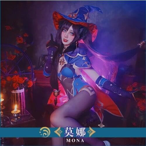 Game Genshin Impact Cosplay Mona Costume Mona Megistus Astral Reflection Cosplay Costume Cute Enigmatic Astrologer Bodysuit Wigs