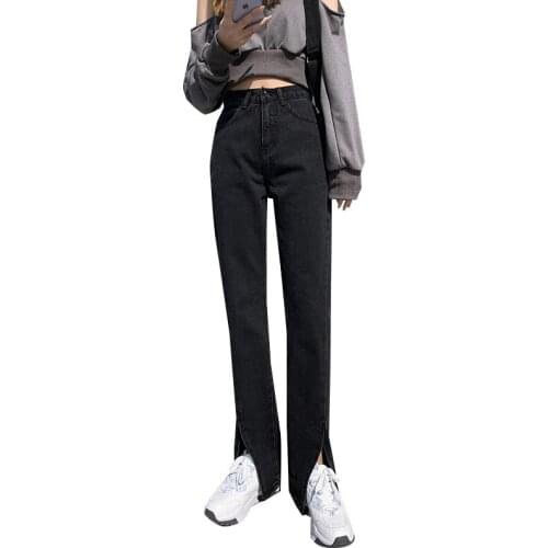 2021 New Korean Version of High-waisted Thin Drag Pants Broad-legged Micro-flared Pants Black Front Fork Jeans Womens Spring