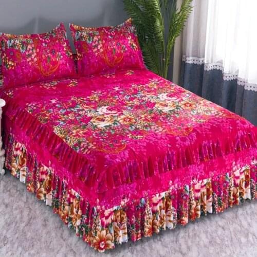 Bedding Bed Skirt Floral Printed Fitted Sheet Anti-slip Bed Sheet King Queen Size Bedspread Mattress Cover (Without Pillowcase)