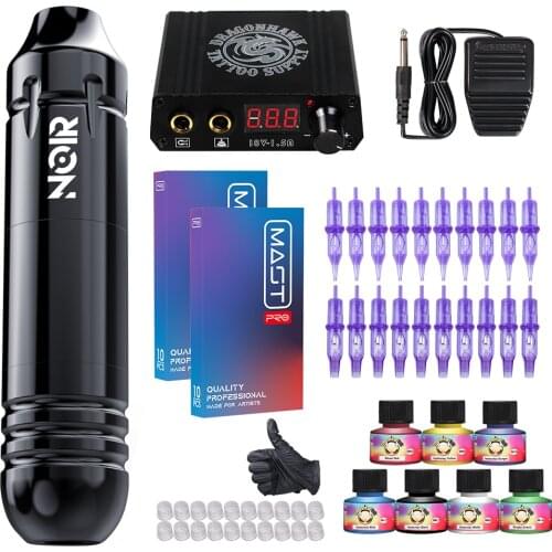 NOIR Tattoo Rotary Machine RCA Interface LCD Mini Power Supply Set Mast Pro Cartridge Needles Permanent Makeup 7pcs Ink Kit
