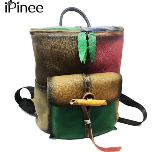 IPinee wiping the color genuine leather backpack female school bag for girls laptop backpack vintage mochil daypack 2020