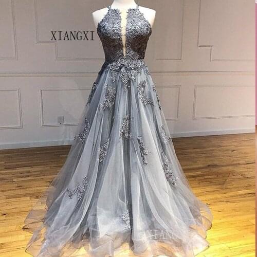 Gray Evening Dress 2020 A-Line Lace Appliques Backless Long Evening Dresses Formal Gowns Party Dress Robe de soiree
