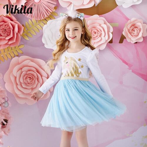 VIKITA Girls Unicorn Dress Children Princess Dresses Kids Autumn Winter Spring Sequins Vestidos Girl Long Sleeve Patchwork Dress