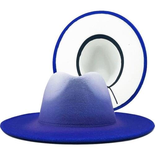 Women Men Wool Vintage Trilby Felt Fedora Hat With Wide Brim Gentleman Elegant Gradient Royal blue For Lady Winter Jazz Caps