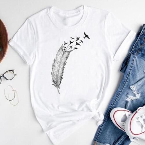 Women Graphic Cartoon Feather Vintage Lovely Cute Short Sleeve Summer Fashion Print Female Clothes Tops Tees Tshirt T-Shirt