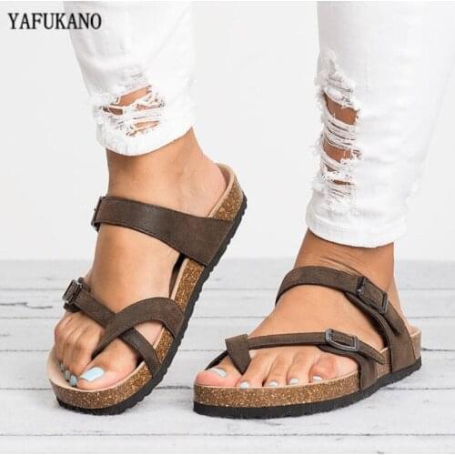 Womens Slippers Slide Buckle T-Strap Cork Footbed Platform Flip Flops Shoes Flat Sandals Summer New Fashion dropshipping