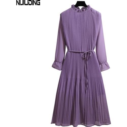 Women Floral Chiffon Dresses With Lining 2021 Autumn Long Sleeve Female Ruffle Collar Pleated Dress Mujer Vestidos Plus Size 4XL