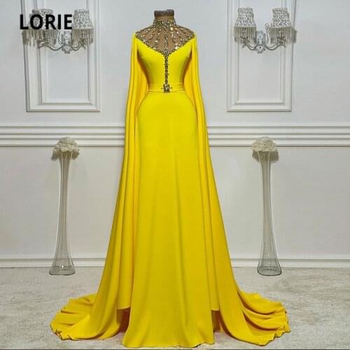 LORIE Arabic Evening Dresses 2021 Crystals High Neck Cap Sleeves Yellow Mermaid Prom Gowns Luxury Gold Celebrity Party Dresses