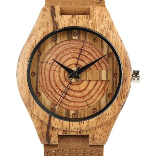 Wood Watch Mens Quartz Wristwatch Annual Ring Design Double Layer Design Dial Unique Mens Watches with Genuine Leather Strap