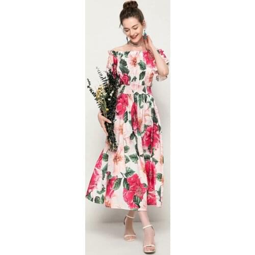 Women Rose Floral Print Chiffon Ruffles Beach Asymmetrical Loose Dress Ladies Midi Dress One-line neck strapless sexy midi dress