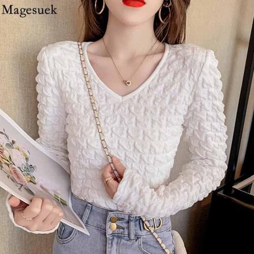 Elegant Pleated Slim Tees Shirt for Women Korean V-neck Woman Tshirts 2021 Autumn Solid Long Sleeve Tops T-shirt Blusas 16505