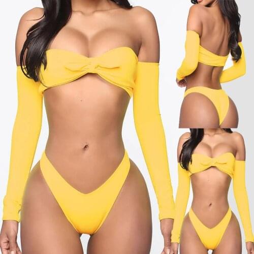 Swimwear Women Sexy Long Sleeve Separate Swimsuit Solid Color Bikini Set Bow-knot Strappy Backless Tube Top+Swimming Trunks