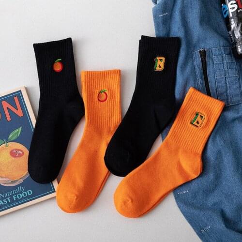 Hot Orange Style Bright Color Soft Cotton Breathable Embroider Elastic Top Woman Fashion Brand Autumn Crew Middle Tube Socks