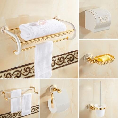 Bathroom Hardware Set Gold & White Towel Rack Paper Holder Towel Bar Corner Shelf Toilet Brush Holder Hook Bathroom Accessories