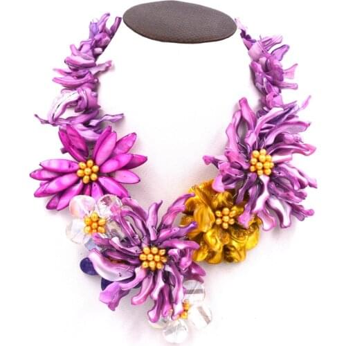 Pink purple sea shell flower necklace big fashion stone faceted freshwater pearl 19inch