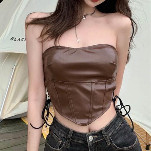 JMPRS Sexy Moto Biker Women Camis Summer Black PU Bandage Punk Tunic Crop Tops Streetwear Off Shoulder Female Tanks 2021