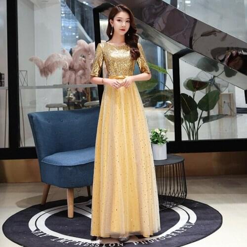 Special Occasion Dresses Illusion O-Neck Half Sequined Luxury Yellow Tulle Lace A-Line Bow Floor-Length Women Prom Gown E1057
