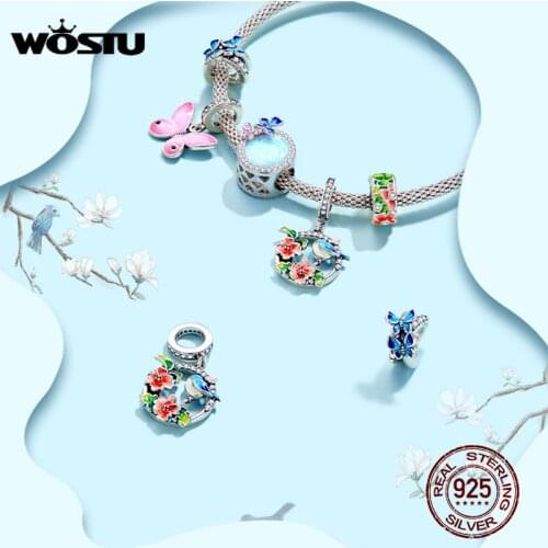 WOSTU 925 Sterling Silver Colorful Spring Charm Bird & Flower Pendant Fit Original Bracelet DIY Necklace Pendant Jewelry