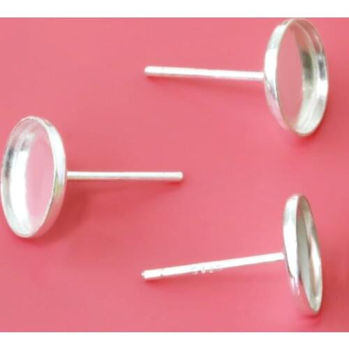 4pcs/lot 8mm 925 Sterling Silver Stud Earring Blank Base Fit Cabochon Cameo Settings Silver Color Ear Post DIY Jewelry Making