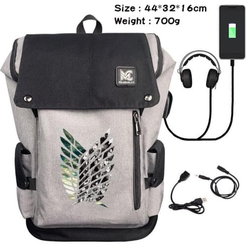 Anime Attack on Titan Backpack Headphone USB Charging Canvas Teenager Travel Laptop Bag Student Zip Cartoon Schoolbag Rucksack