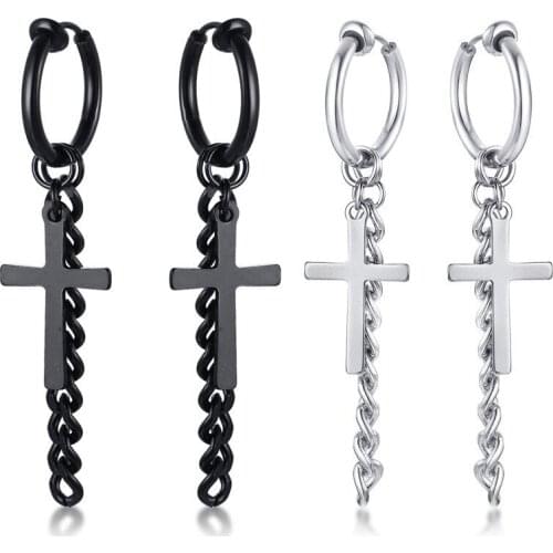 Stylish Mens Cross Feather Bar Dangle Earrings Stainless Steel Chain Tassel Earrings Unisex Piercing Ear Clip Accessory