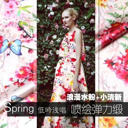 PRINTED SILK STRETCH SATIN 118cm width 19momme 100% Silk Fabric Floral Painting Women Clothing Material