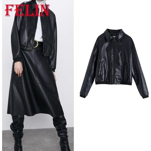 Za 2021 Chic Black Faux Leather Women Jacket Punk Style Fashion Autumn Long Sleeve Outwear Street Cool Coat All Match Blazer