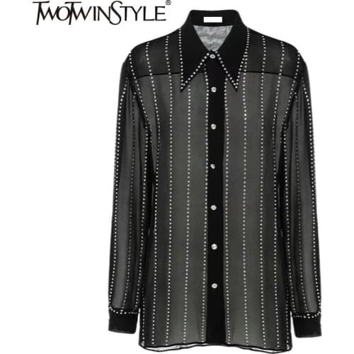 GALCAUR Perspective Diamonds Shirts For Women Lapel Long Sleeve Large Size Sexy Blouses Female Elegant 2020 Fashion Clothing New