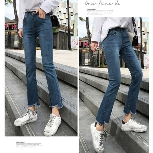 Womens Jeans Ninth High Waist Stretch Skinny Denim Pants for female flared jeans Retro Elastic Slim Tassel lady Trousers