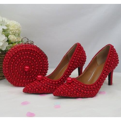 LoveinCrystal Red Pearl Women Wedding Shoes Bride Thin Heel Ladies Banquet Dress Shoes Female Party Pointed Toe High Heels