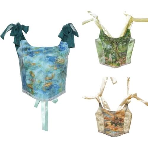 Women Tie-Up Ribbon Corset Crop Top Sexy Backless Lace-Up Slim Bustier Camisole Retro Oil Painting Boned Tank Top Vest