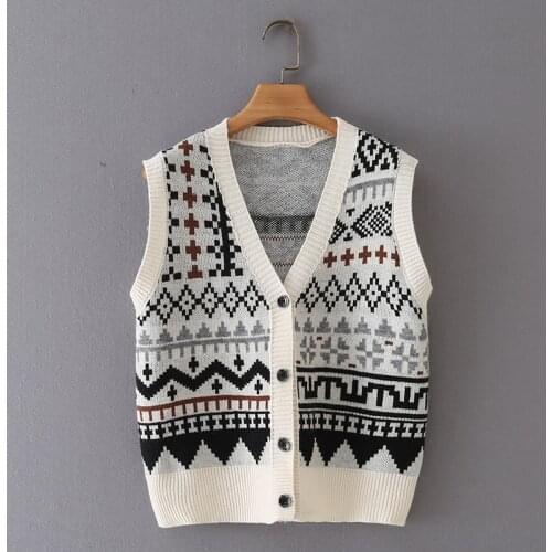 ZXQJ Women 2021 Fashion Oversized Geometric Patterns Knitted Cardigan Vest Sweater Vintage Sleeveless Female Waistcoat Chic Top