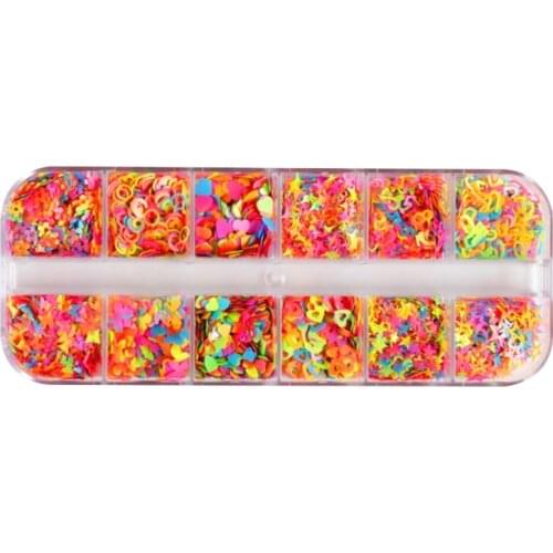 12 Grids/Box Fluorescence Glitter Sequins Epoxy Resin Filling Butterfly Stars Love Heart Numbers English Mixed Color