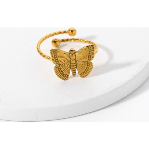 18K Gold Plated Stainless Steel Retro Butterfly Rings For Women Girls Adjustable Finger Rings Wedding Jewelry
