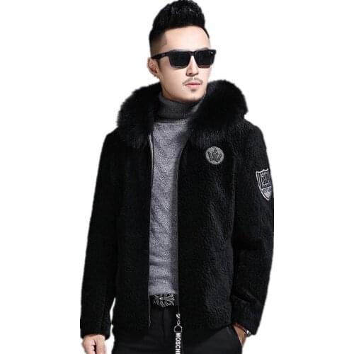 2020 Real Sheep Shearling Fur Coat Mens Winter Jacket Real Fox Fur Collar Wool Coats Streetwear Jackets Manteau L17-1550 MY1762