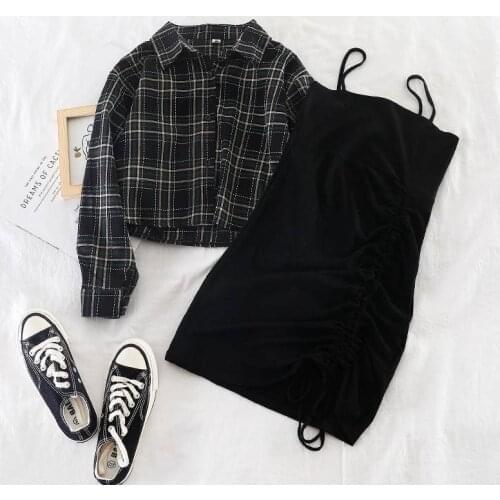 2021 New Ins female two-piece suit early autumn plaid short shirt jacket + solid suspender skirt dress